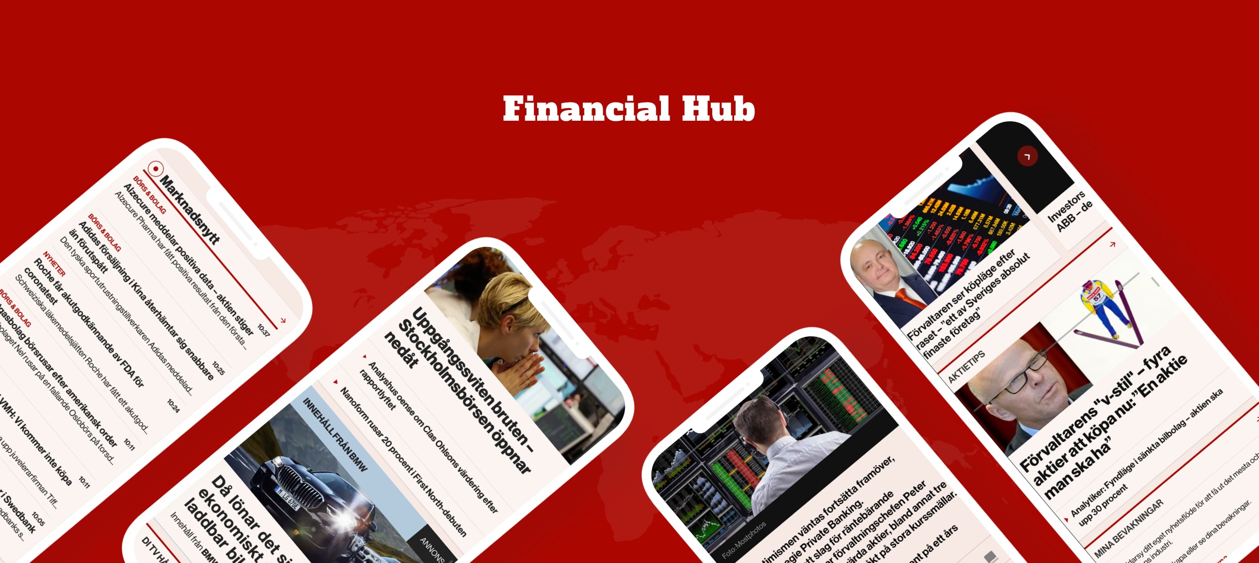 Financial Hub with stock market news and investment updates on smartphone screens