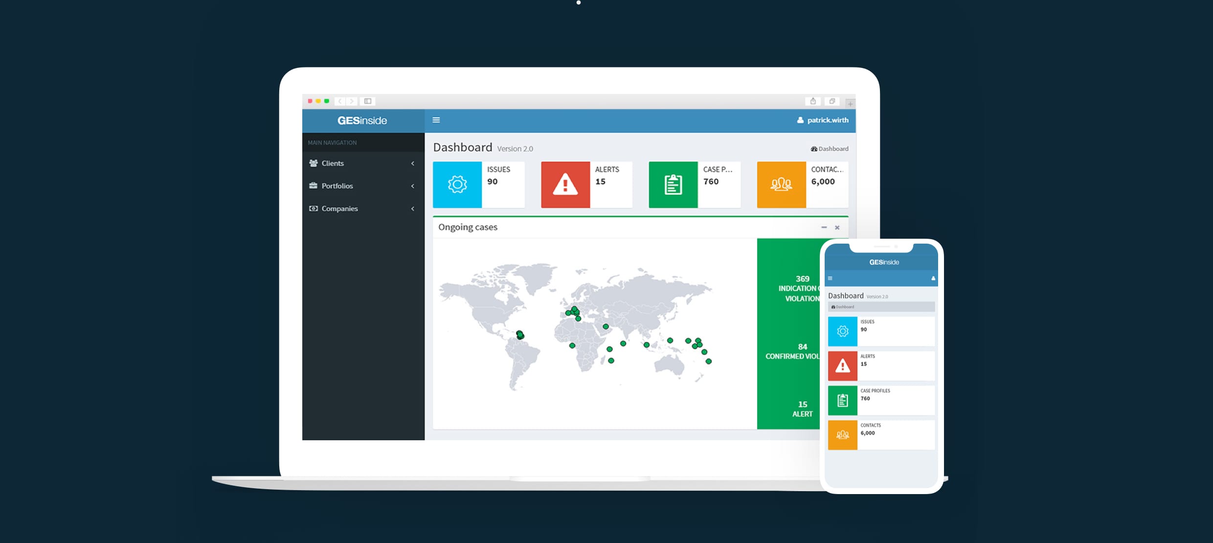 Dashboard showing ongoing case highlights and global map on laptop and mobile
