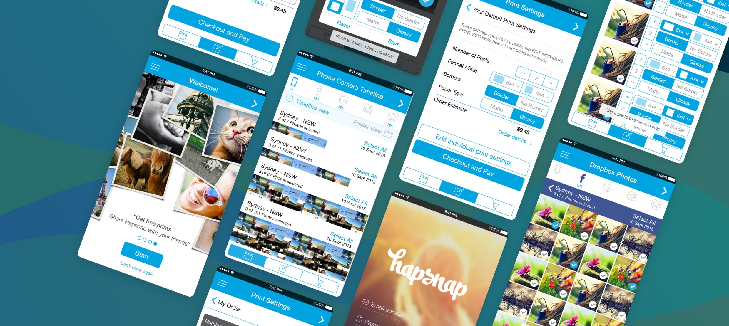 Screenshots of Hapsnap app showing photo selection, print settings, and checkout options