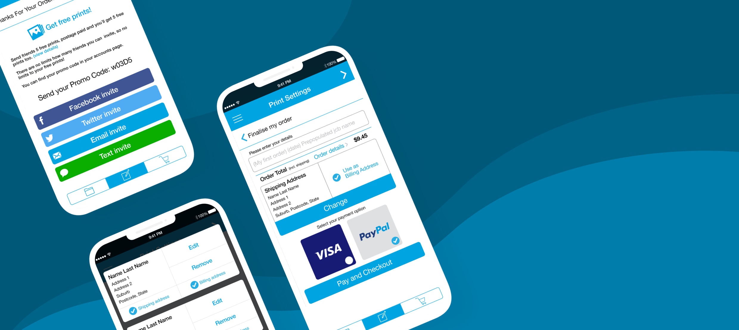 Promote free prints and mobile print settings with social invites and payment options