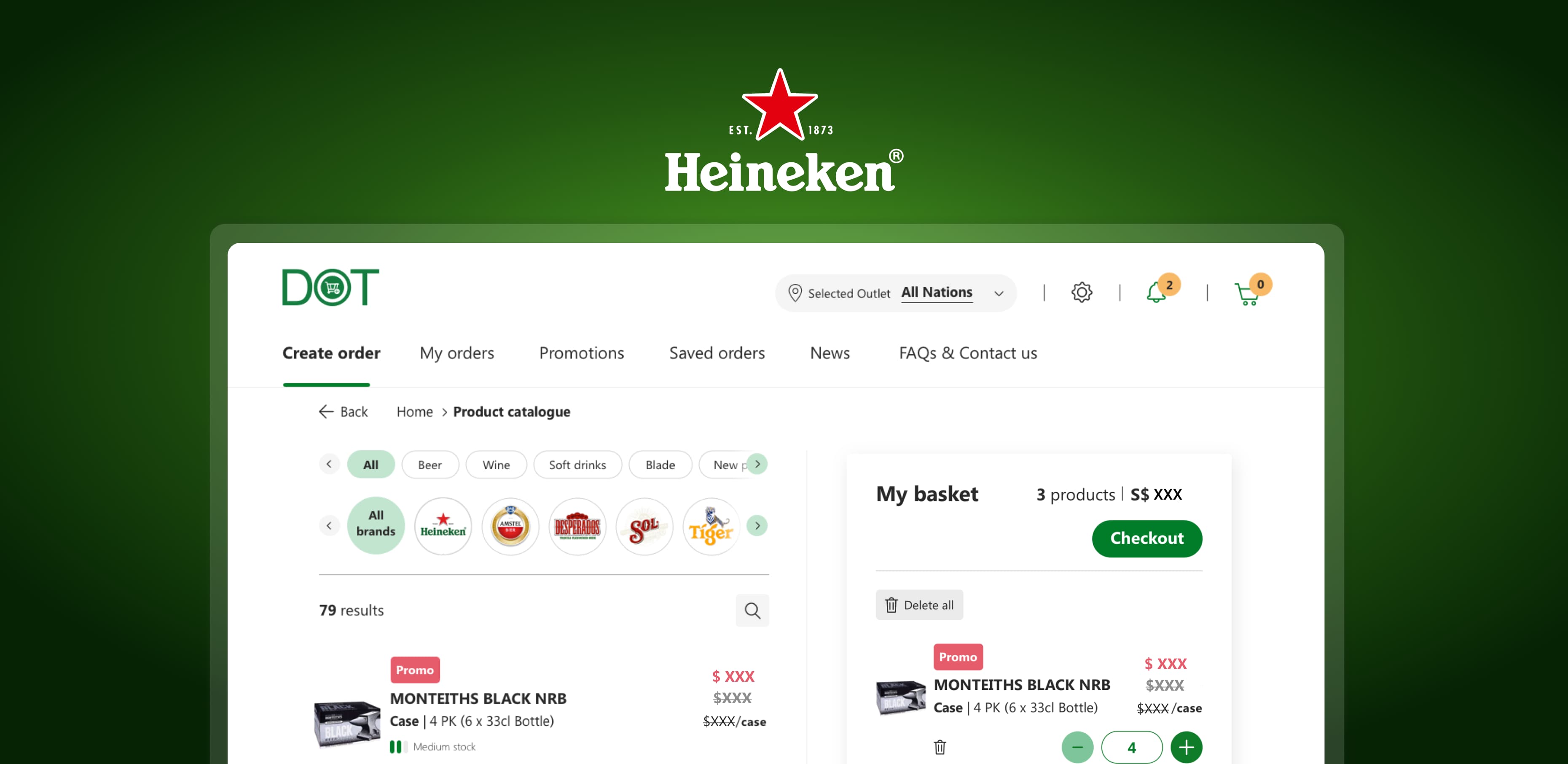Heineken online order page showing product catalogue and shopping basket with promo offers
