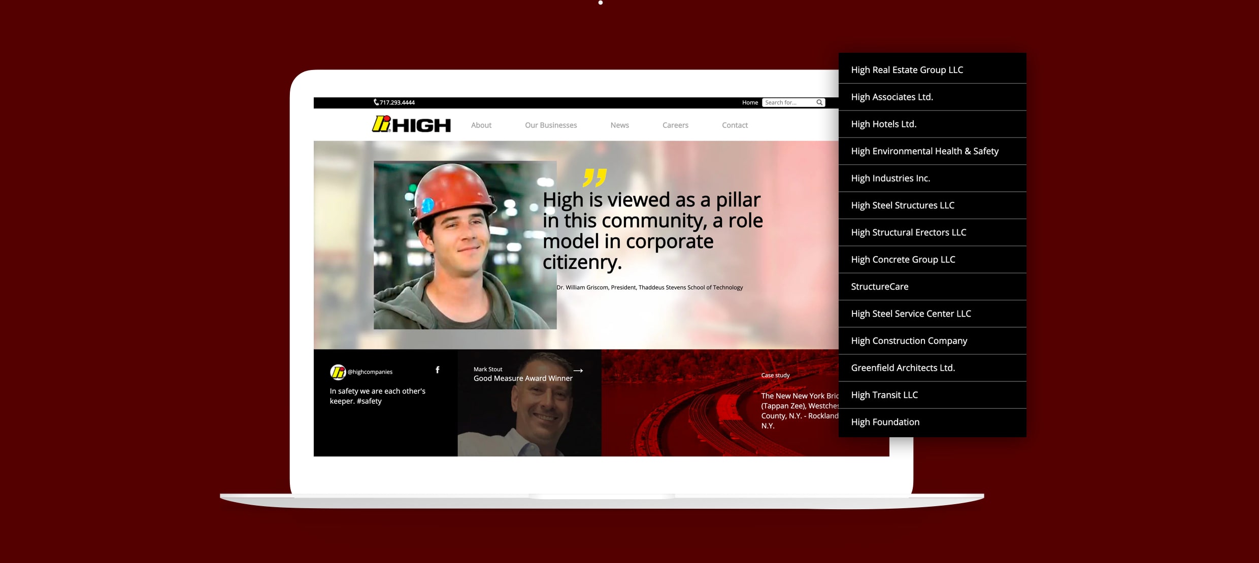 High company website showcasing corporate role model and business divisions menu
