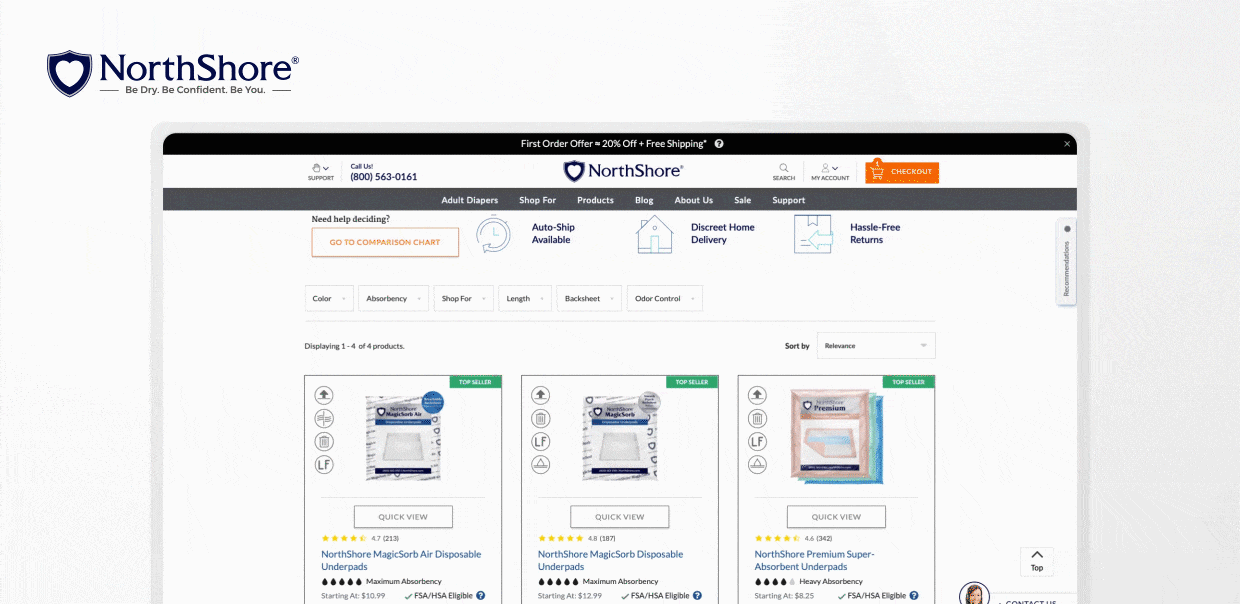 NorthShore adult diapers product page showing disposable underpads and features