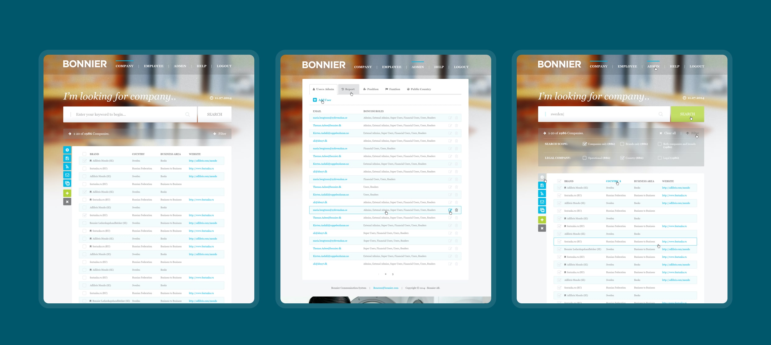 Bonnier company search and user admin dashboard showing company and user data tables