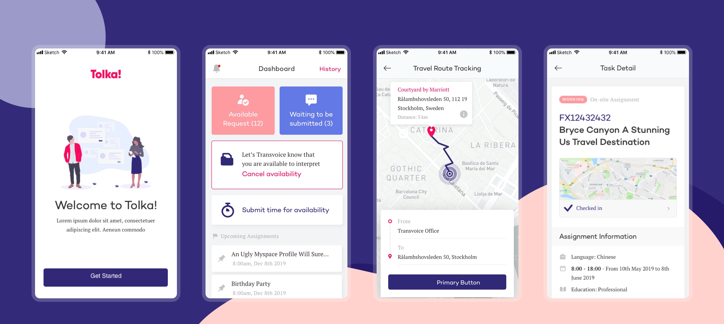 Tolka app user interface showing dashboard, travel route tracking, and task details