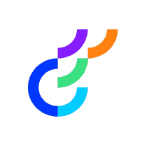 Colorful abstract icon with blue, purple, green, and orange curved shapes.