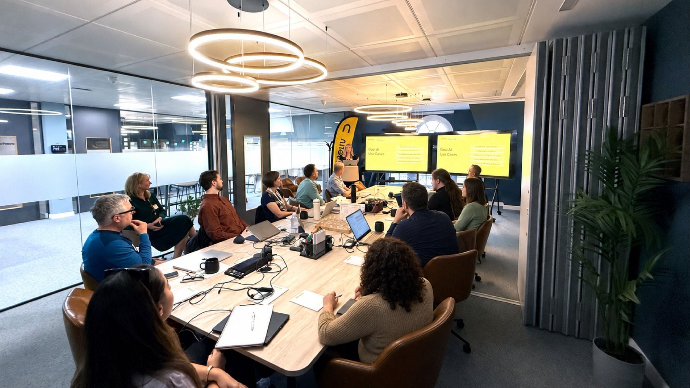 Attendees around a boardroom table watching a presentation on Optimizely Agent Platform use cases at the first Niteco masterclass