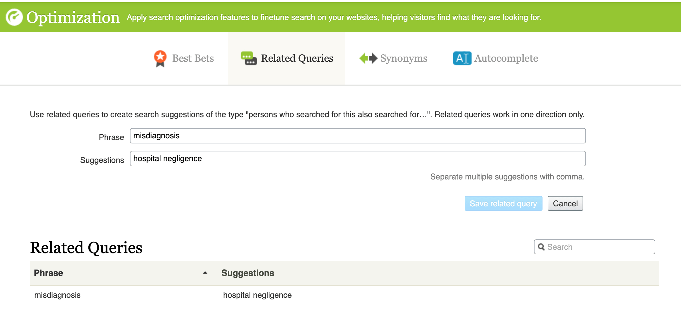 Episerver panel for managing related queries