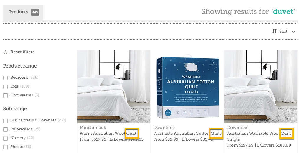 Synonym mapping between duvet and quilt