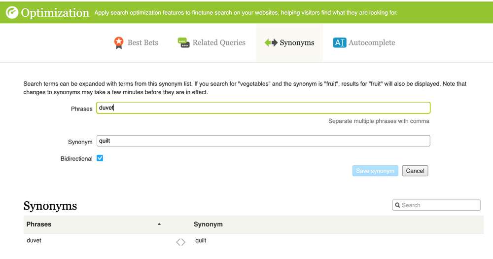 Episerver UI for defining search synonyms