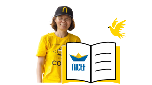 Smiling volunteer wearing NICF shirt and hat with open NICF brochure and dove icon