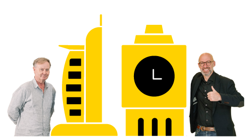 Two men with yellow Burj Al Arab and Big Ben landmarks icons