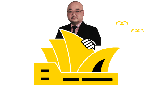 Man in suit with Sydney Opera House graphic symbolizing Australia travel or study.