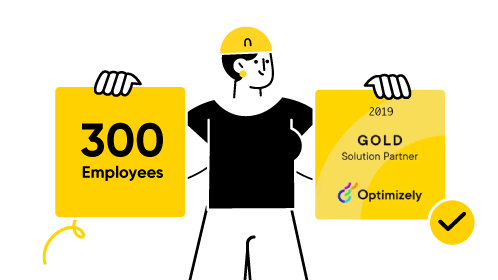 Person holding signs showing "300 Employees" and "2019 Gold Solution Partner Optimizely" award.