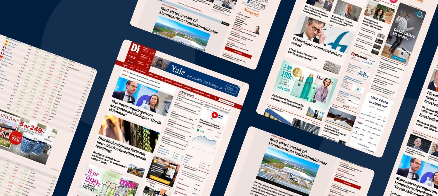 Swedish news website pages featuring headlines on government and market updates