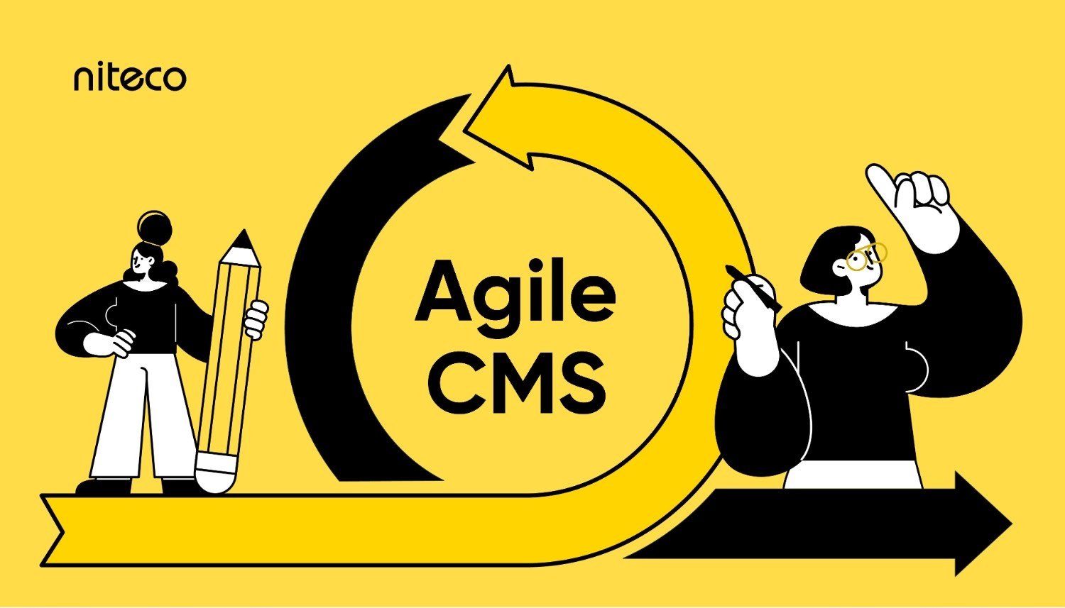 Agile CMS workflow with two characters and a large pencil on a yellow background