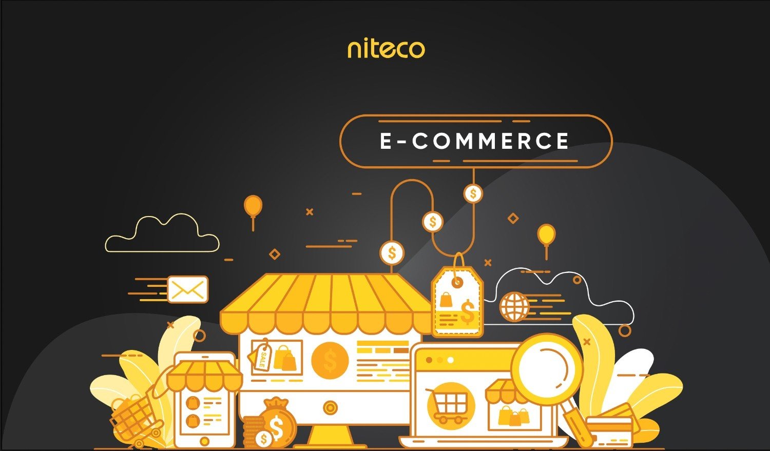 Commerce concept with online shopping, digital payment, and sales icons