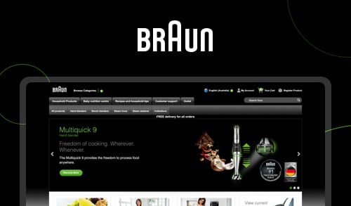 Braun website homepage showcasing Multiquick 9 hand blender with features and delivery details.