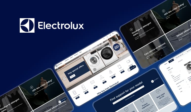 Electrolux website showcasing washing machines, special offers, and support options